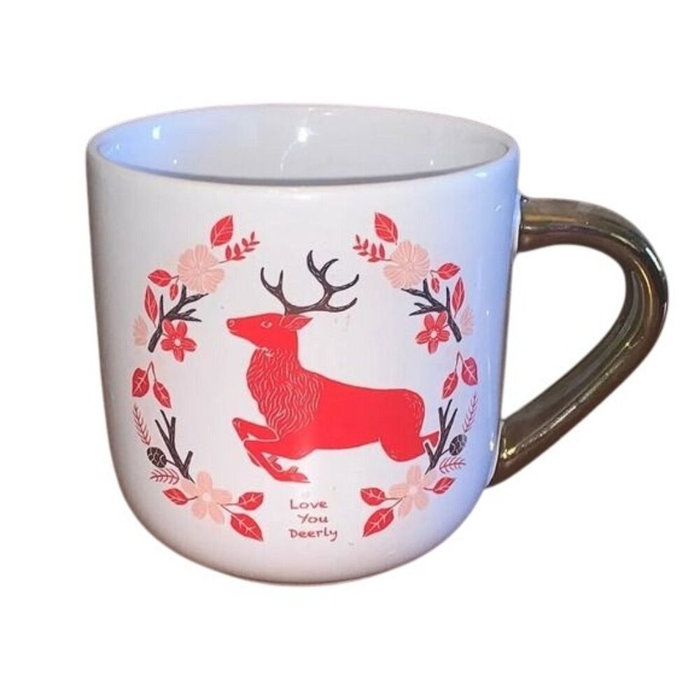 Threshold White Stoneware Mug With Red Deer & Gold Handle